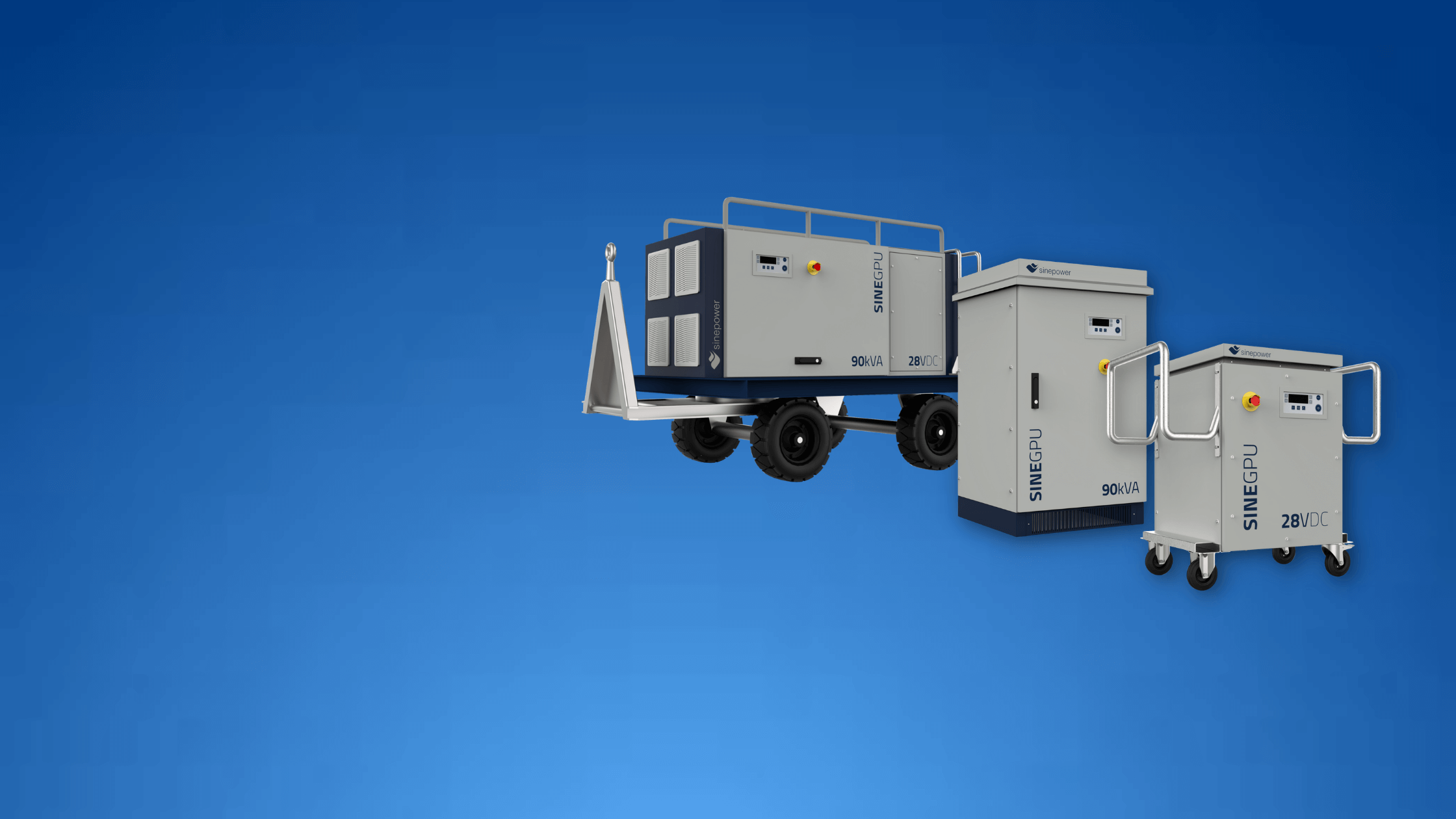 Sinepower solid state ground power units: a 90 kVA 28 VDC towable unit, a fixed 90 kVA unit and a mobile 28 VDC trolley unit